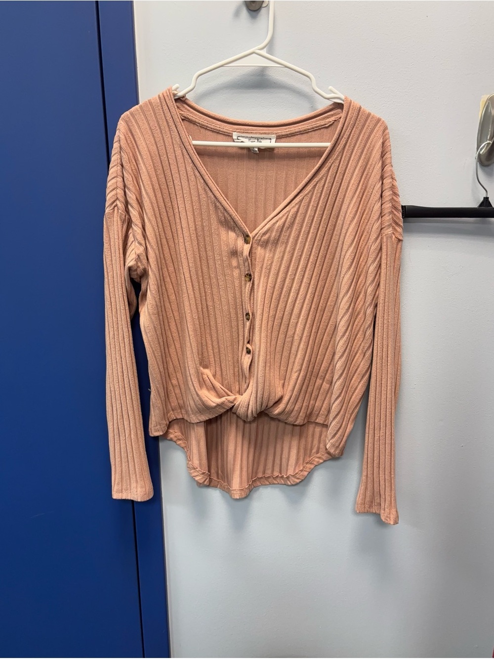 Hippie Rose Ribbed Button-Front Long-Sleeve Top in Peach